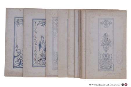 19 cardboard leaves with designs of engraved glass panels. Lithographs, finished with light-blue water-colour. Numbered and with indication "J.M. Déposé". On each cardboard stamp of "O. Moreels & E. De Vreker. Spécialités: Vitraux - Gravures sur verre - Enseignes - Mosaïques - Marmorite - Dorure. Anvers, 224 Rue de la Province-Nord". — (Glass engraving). (Moreels & De Vreker)